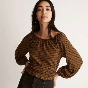 Madewell Crop Tie-Back Cutout Top in Plaid Olive Green